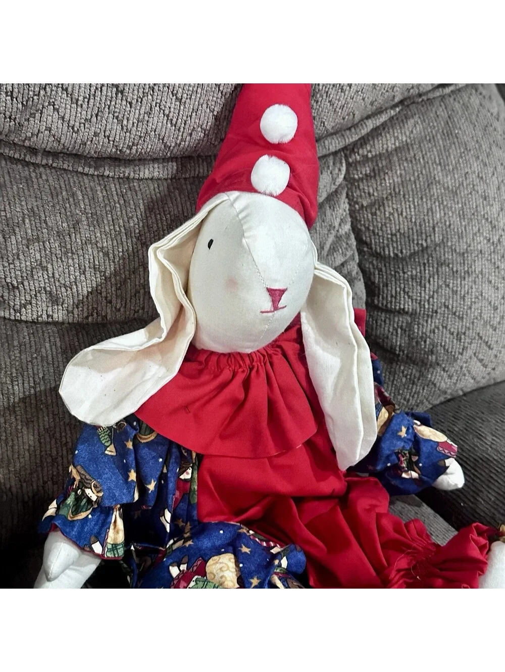 Vintage Floppy Ear Bunny Rabbit Stuffed Doll Christmas Fabric 14” ~ Handmade